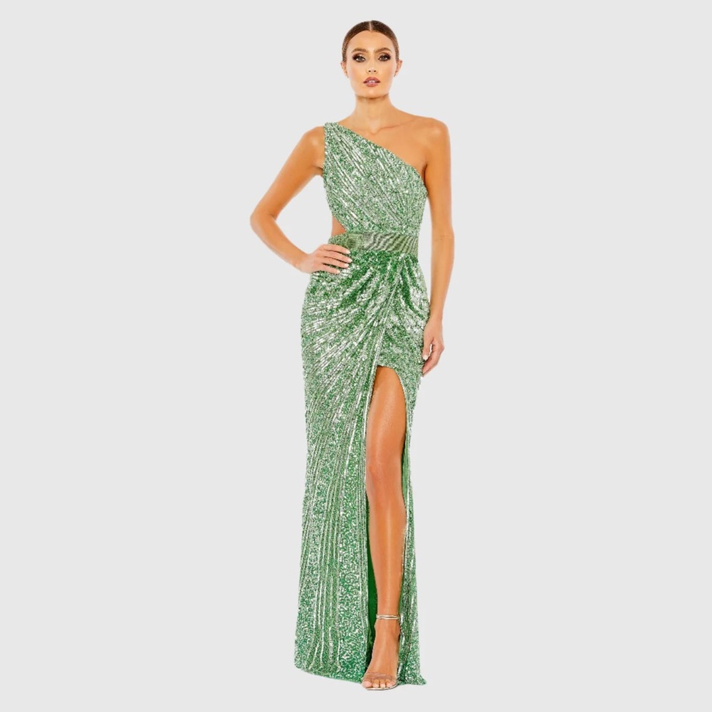 SEQUINED ONE SHOULDER DRAPED LACE UP GOWN